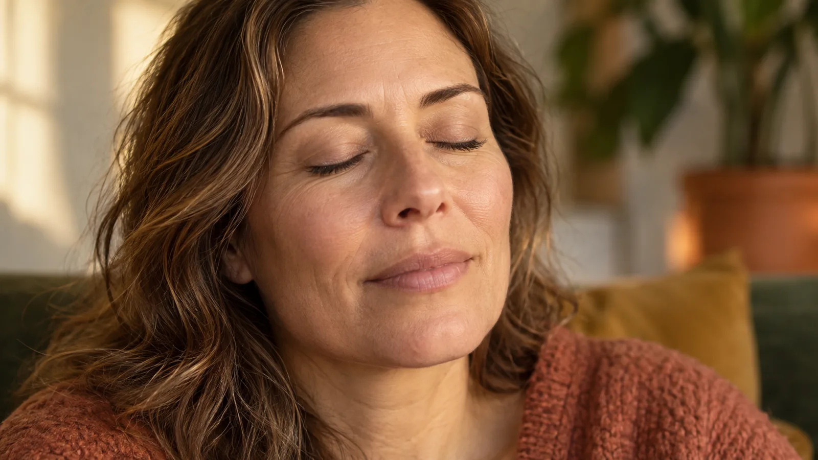 A woman with her eyes closed and forehead relaxed in warm window light