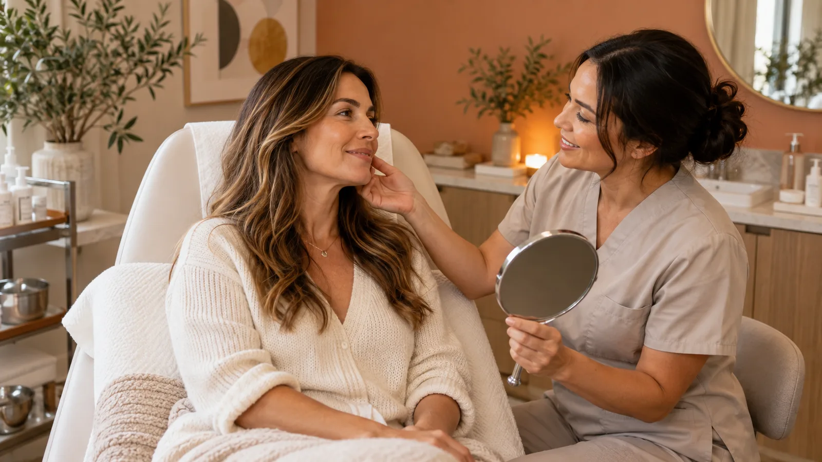 A woman in scrubs holds a hand mirror and touches the cheek of a seated woman