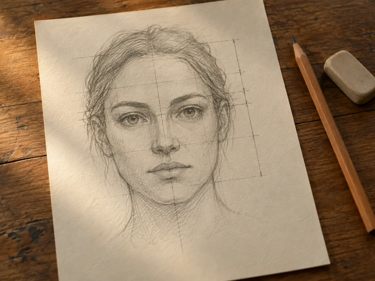 A pencil sketch of a face with proportion guide lines on paper beside a pencil and eraser