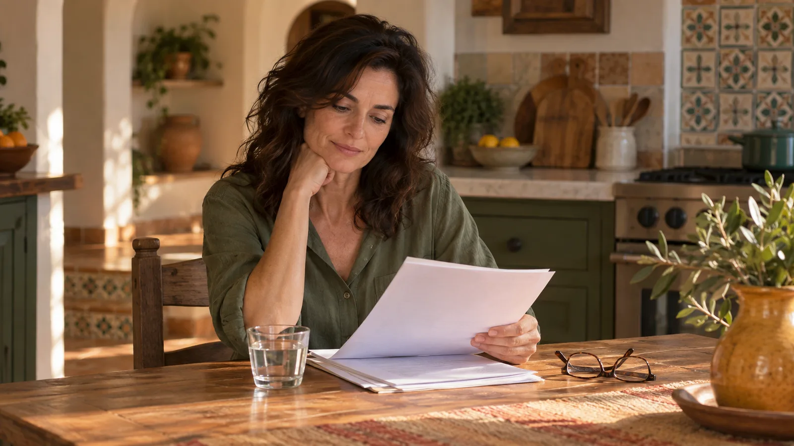 A woman reads printed pages at a wooden kitchen table beside a water glass
