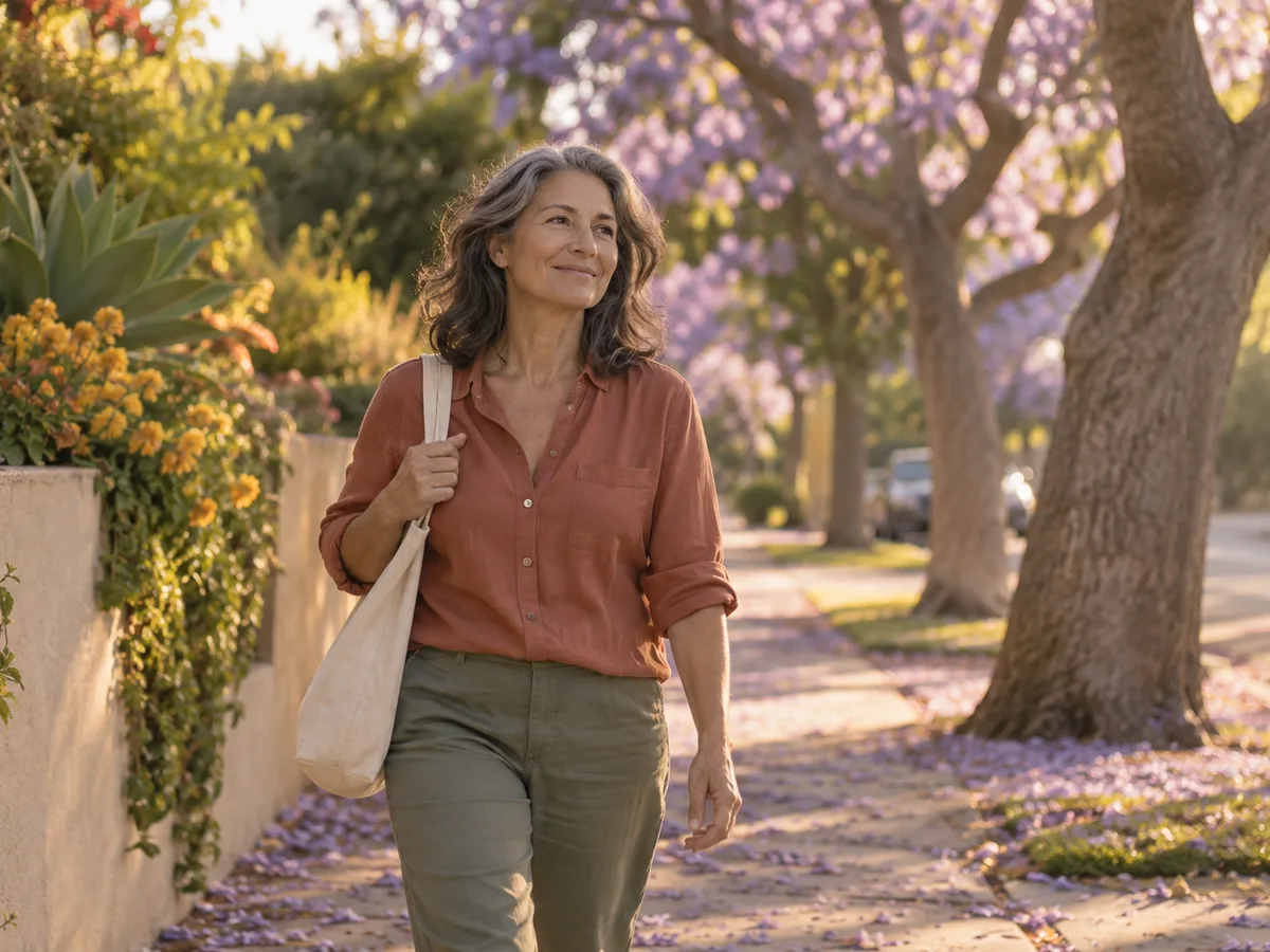 A woman with a canvas tote walks along a tree-lined residential street in late afternoon light
