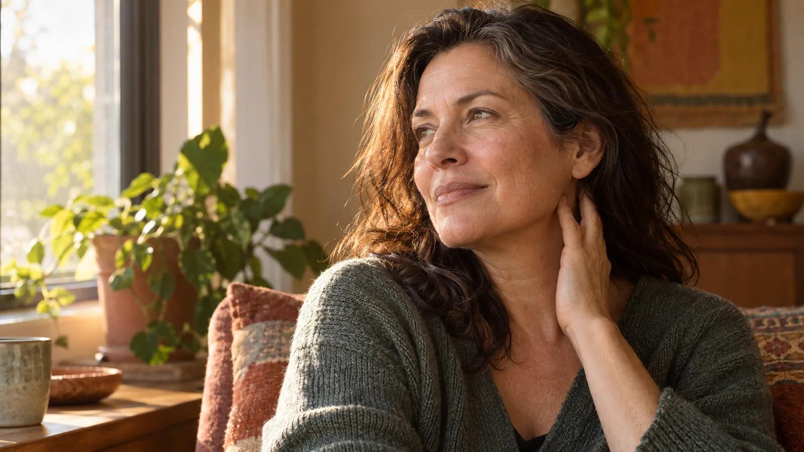 A woman sits by a sunny window with plants, one hand resting on her neck