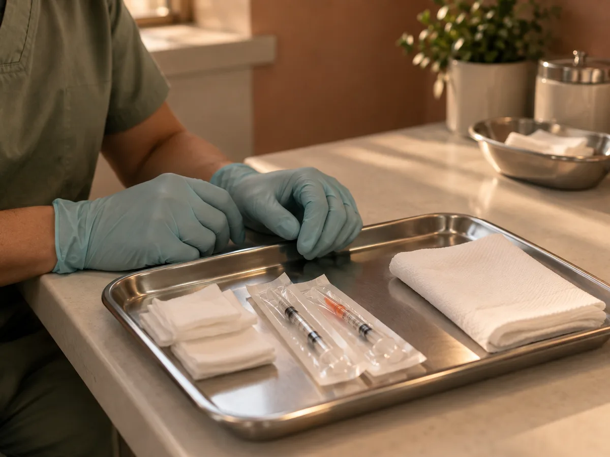Gloved hands beside a steel tray holding gauze, a folded towel and two packaged syringes