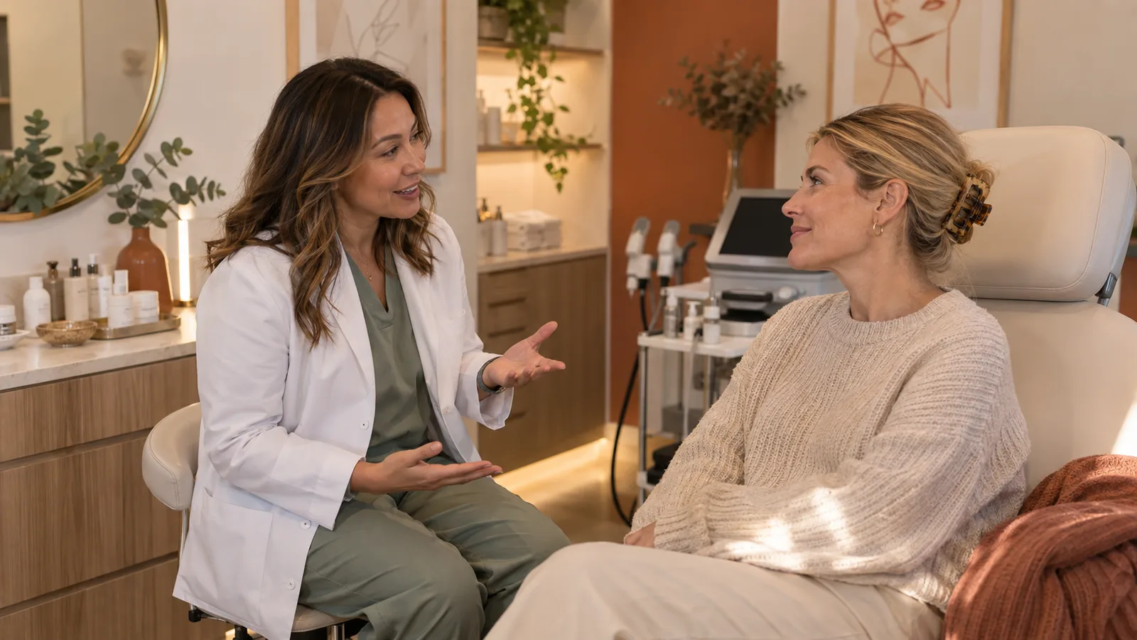 A woman in a white coat gestures, talking with a blonde woman in a treatment chair