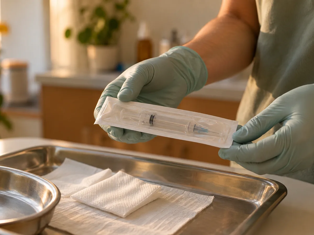 Gloved hands hold a sealed syringe package above a steel tray with gauze