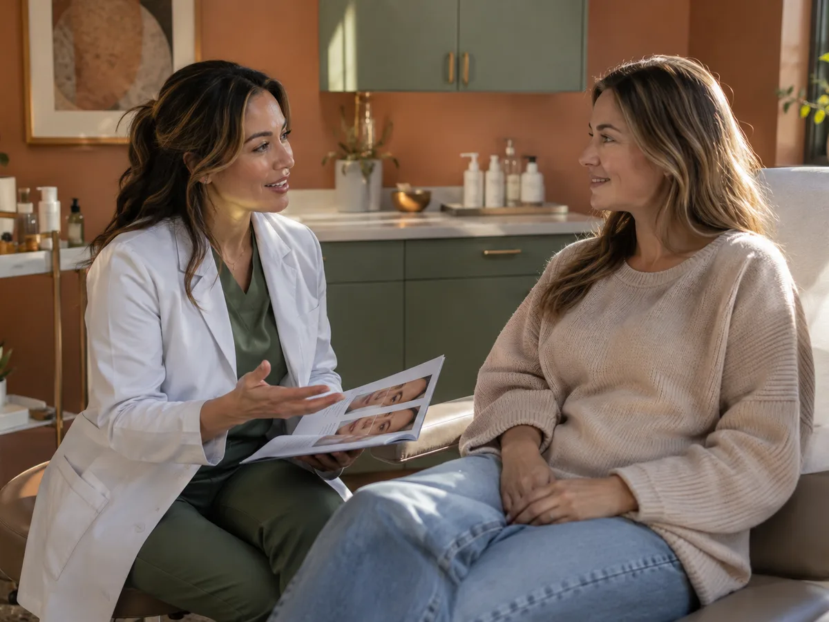 A woman in a white coat holds a printed sheet, facing a woman in a sweater