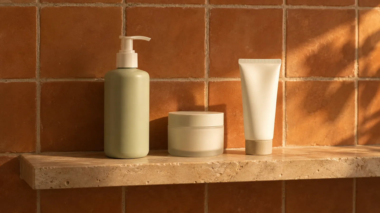 A cleanser, a moisturiser jar and a sunscreen tube on a shelf against terracotta tiles