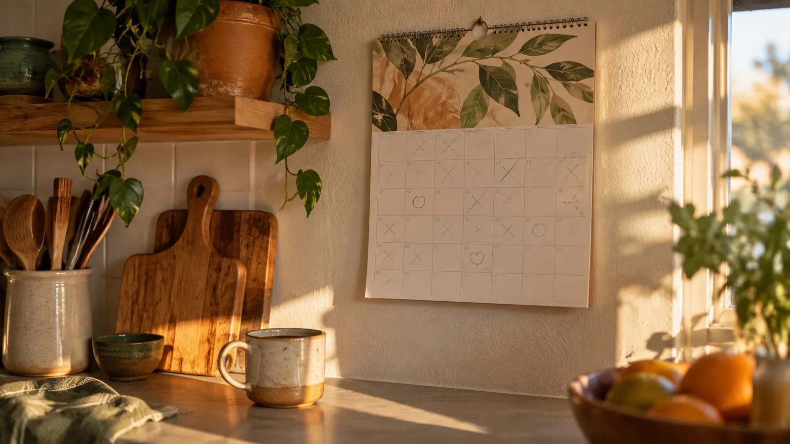 A blank paper calendar on the wall of a sunny kitchen above a counter with a mug