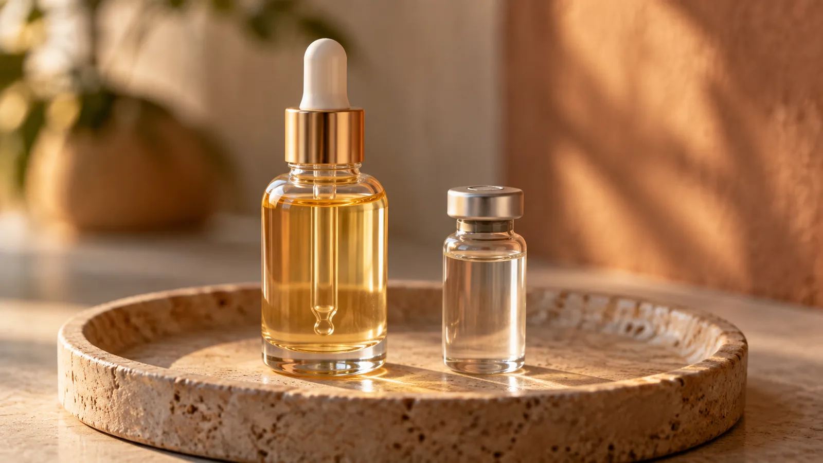 An amber serum dropper bottle beside a small clear vial on a round stone tray