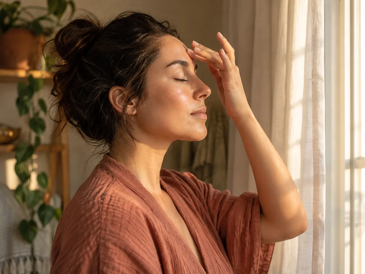 A woman with her eyes closed touches her forehead with her fingertips beside a sunlit window